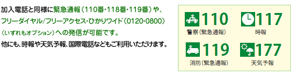 加入電話と同様に緊急通報(110番・118番・119番)や、フリーダイヤル/フリーアクセス・ひかりワイド(0120・0800)(いずれもオプション)への発信が可能です。
他にも、時報や天気予報、国際電話などもご利用いただけます。
【110】警察(緊急通報)【117】時報【119】消防(緊急通報)【177】天気予報