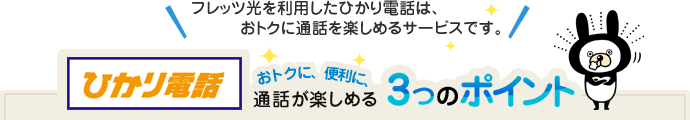 フレッツ光を利用したひかり電話は、おトクに通話を楽しめるサービスです。
ひかり電話 おトクに、便利に、通話が楽しめる3つのポイント