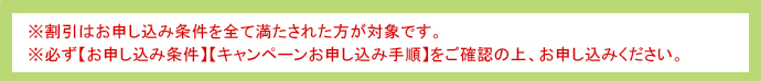 ※割引はお申し込み条件を全て満たされた方が対象です。※必ず【お申し込み条件】【キャンペーンお申し込み手順】をご確認の上、お申し込みください。