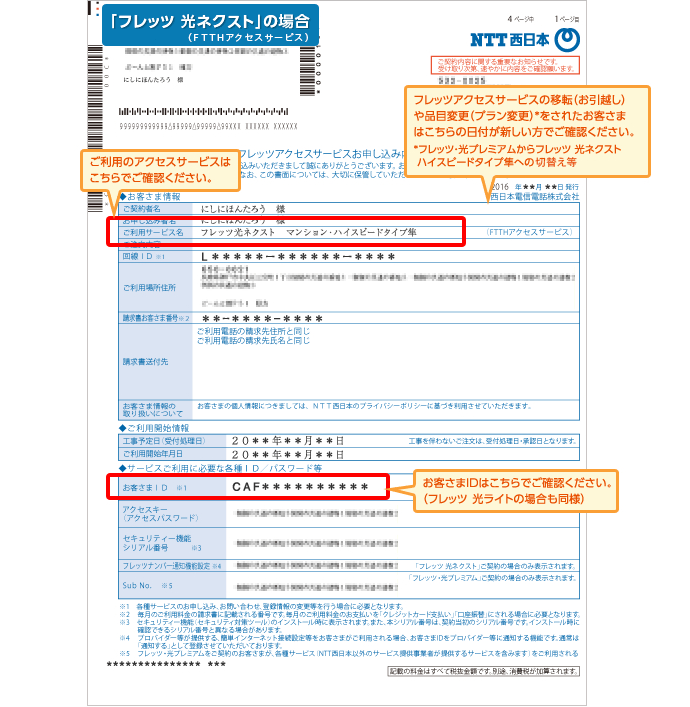 ご契約中のアクセスサービス、お客さまID/回線IDのご確認方法｜フレッツ光公式｜NTT西日本