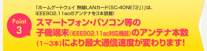 Point3 スマートフォン・パソコン等の子機端末(IEEE802.11ac対応機器)のアンテナ本数(1〜3本)により最大通信速度が変わります!