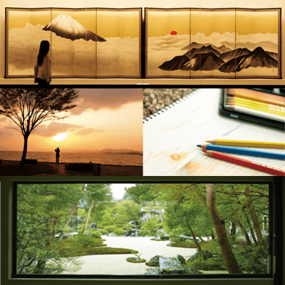 写真：足立美術館の展示物やその敷地内にある日本庭園