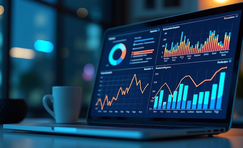 グラフが映し出されたノートパソコンのイメージ