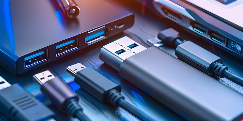 USBケーブルとハブ、パソコンが並ぶデスク