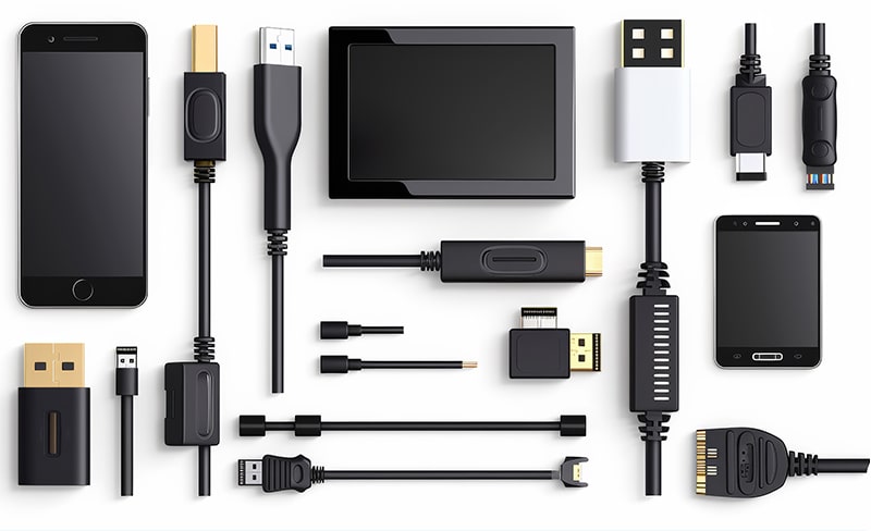 電子機器と接続アクセサリーの整然とした配置