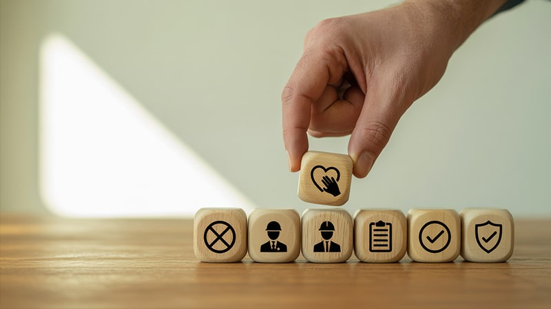 アイコン付きの木製ブロックを積み上げる手