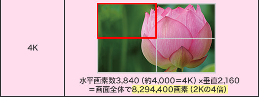規格 [4K] 画素数[水平画素数3,840（約4,000＝4K）×垂直2,160＝画面全体で8,294,400画素（2Kの4倍）]