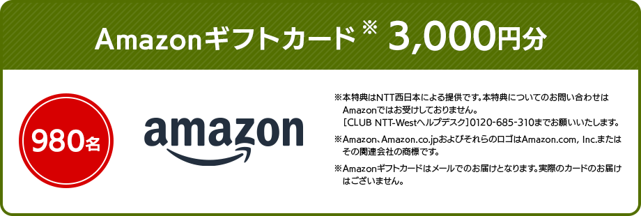 980名 Amazonギフトカード※ 3,000円分 ※本特典はNTT西日本による提供です。本特典についてのお問い合わせはAmazonではお受けしておりません。［CLUB NTT-Westヘルプデスク］0120-685-310までお願いいたします。 ※Amazon、Amazon.co.jpおよびそれらのロゴはAmazon.com, Inc.またはその関連会社の商標です。 ※Amazonギフトカードはメールでのお届けとなります。実際のカードのお届けはございません。