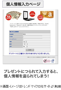 個人情報入力ページ:プレゼントにつられて入力すると、個人情報を盗られてしまう! ※画面イメージはトレンドマイクロ社Webサイトより転載