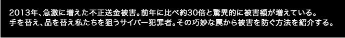 2013年、急激に増えた不正送金被害。前年に比べ約30倍と驚異的に被害額が増えている。手を替え、品を替え私たちを狙うサイバー犯罪者。その巧妙な罠から被害を防ぐ方法を紹介する。